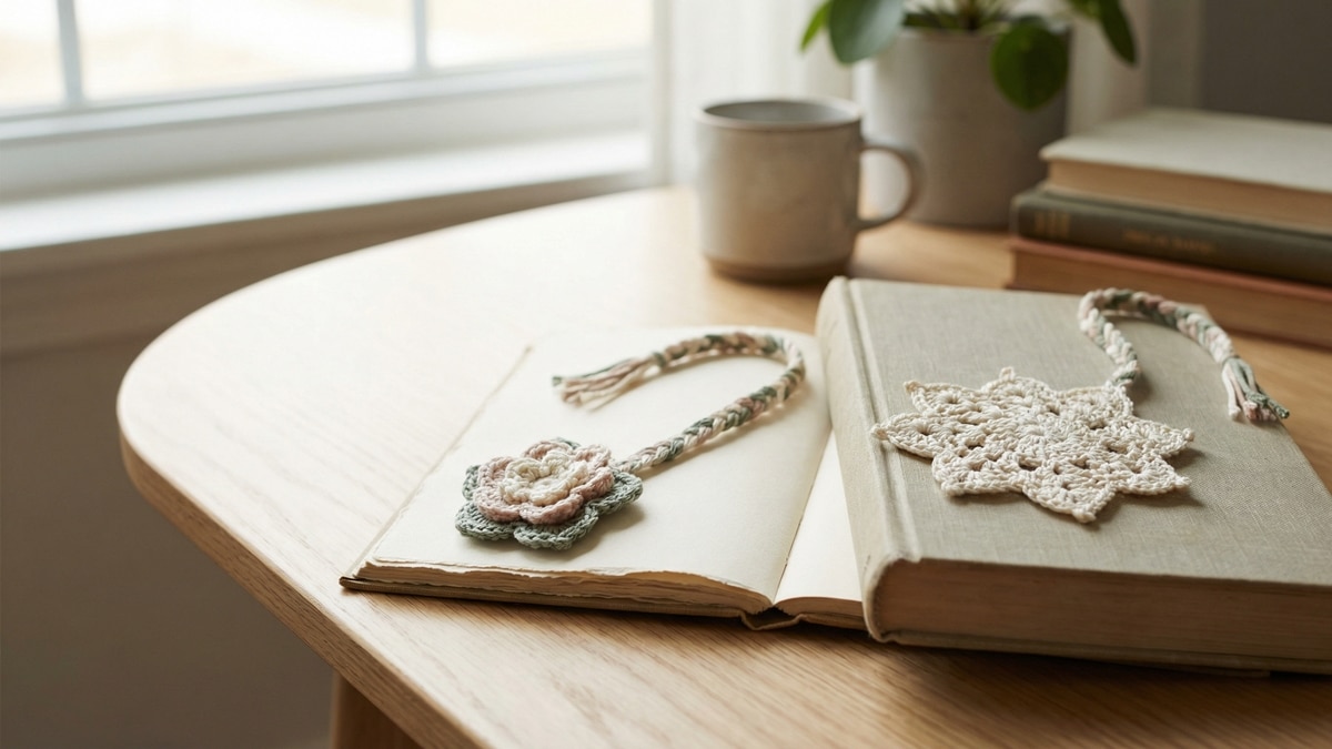 Marcadores de páginas de crochê florais em tons botânicos sobre livros abertos