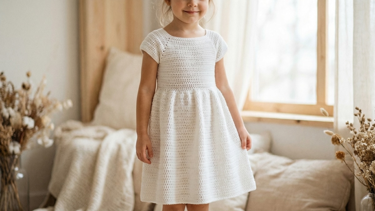 Menina sorrindo usando vestido de crochê branco infantil em ambiente luminoso e delicado