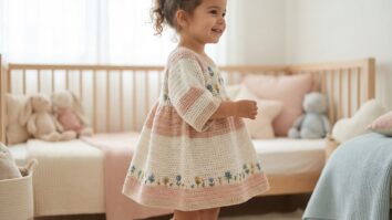 Menina sorrindo usando vestido de crochê infantil em tons suaves em ambiente delicado