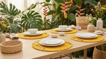 Mesa ao ar livre com sousplats redondos de crochê amarelo e louça branca em estilo tropical