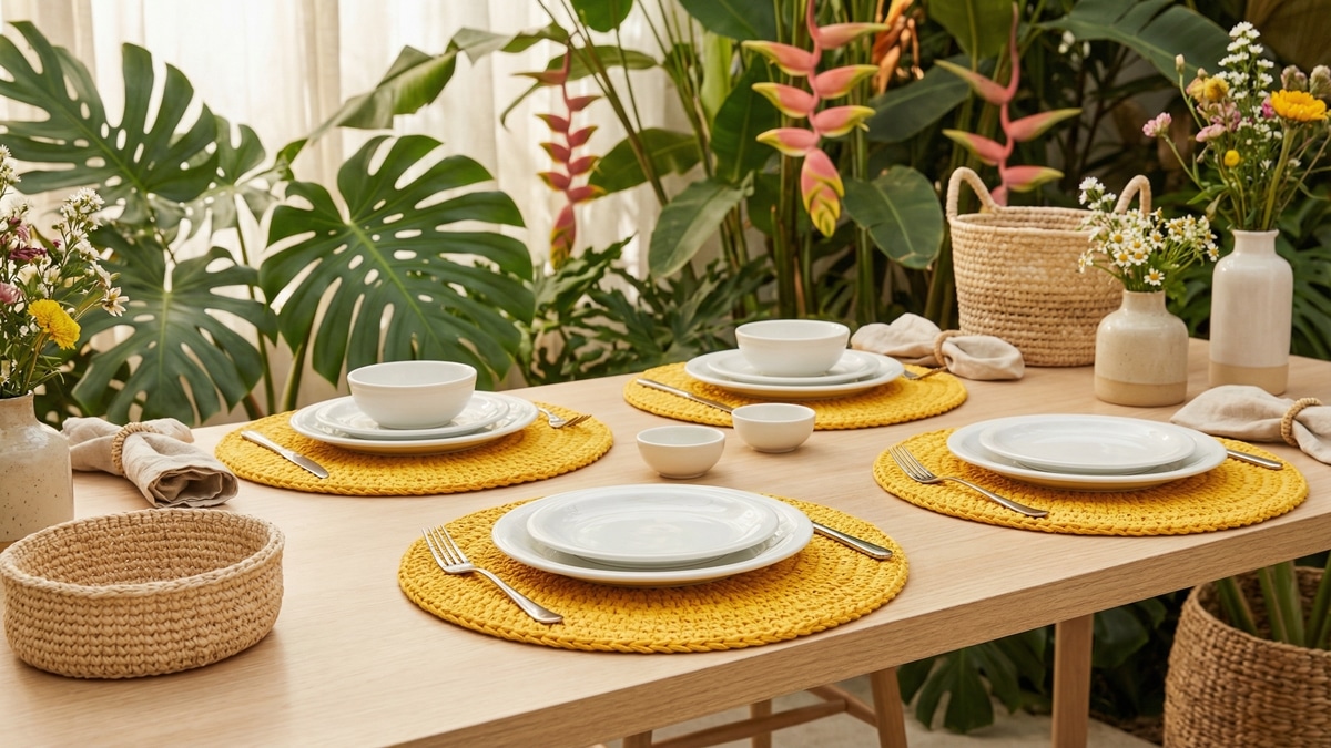 Mesa ao ar livre com sousplats redondos de crochê amarelo e louça branca em estilo tropical