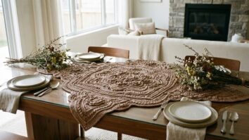 Mesa de jantar com centro de crochê russo em tom mocha mousse com flores em relevo