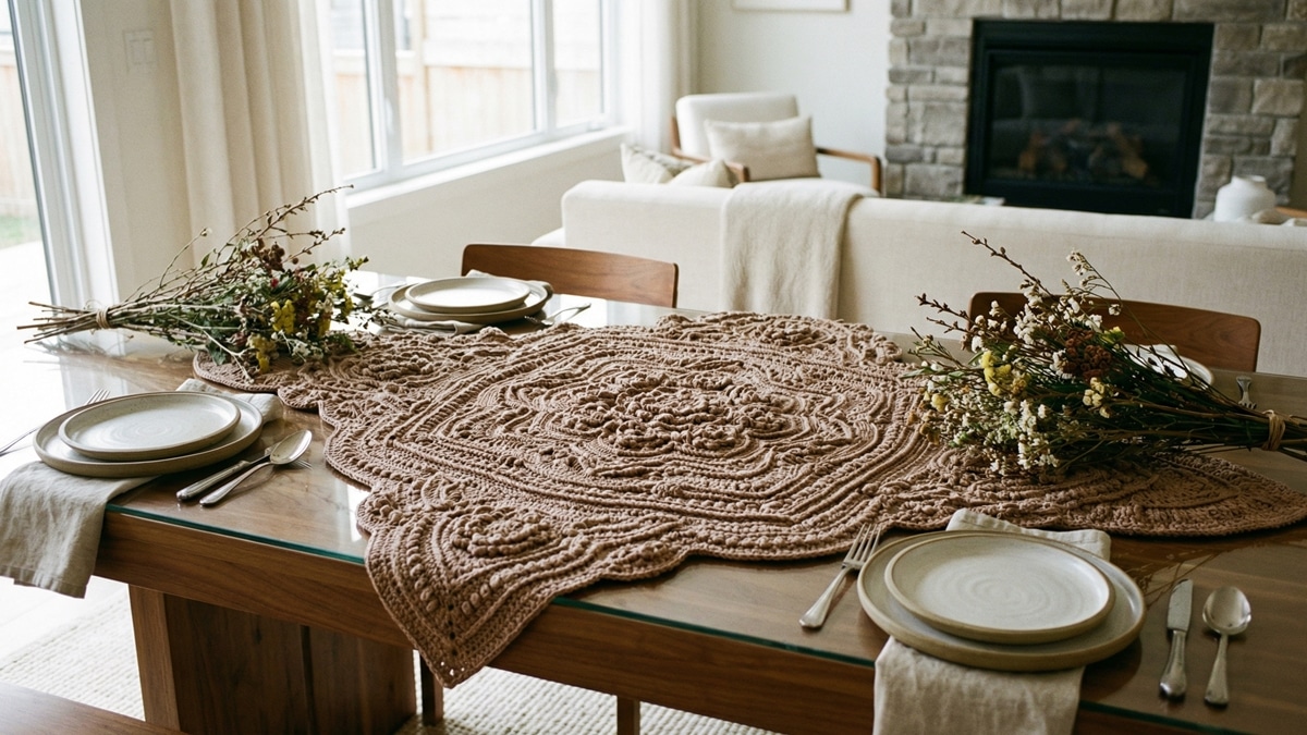 Mesa de jantar com centro de crochê russo em tom mocha mousse com flores em relevo