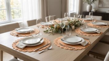 Mesa posta completa com sousplats de crochê laranja claro, vistala sem recortes