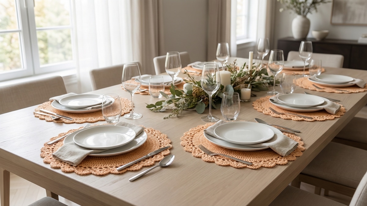 Mesa posta completa com sousplats de crochê laranja claro, vistala sem recortes