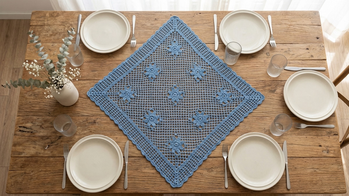 Mesa de jantar com caminho de crochê azul em formato losango centralizado com motivos florais e louças neutras