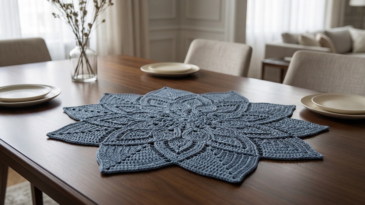 Mesa de jantar decorada com centro de crochê azul em formato de estrela