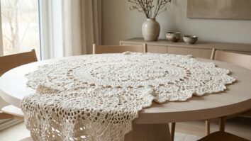 Mesa de jantar com centro de crochê mandala off-white sobre madeira clara