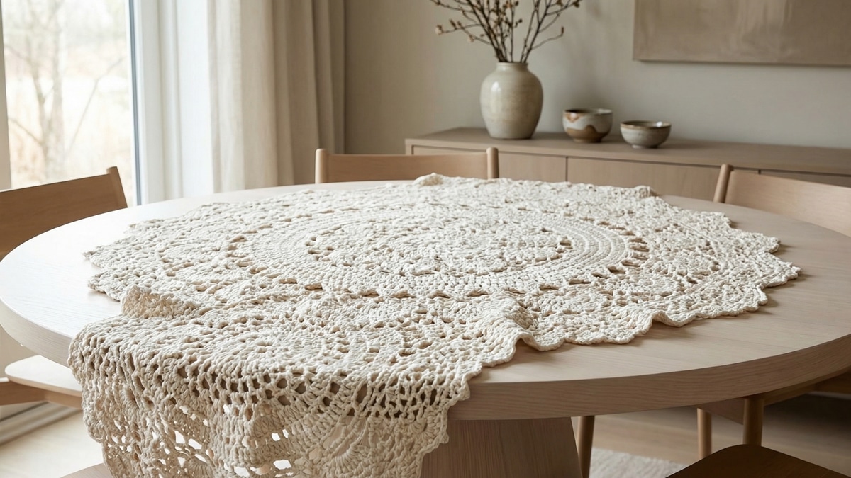 Mesa de jantar com centro de crochê mandala off-white sobre madeira clara