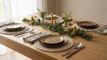 Mesa de jantar com sousplats redondos de crochê em algodão cru e louça neutra