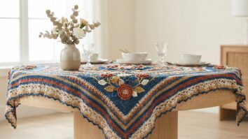 Mesa de jantar elegante com toalha de crochê redonda artesanal cobrindo toda a superfície com flores e bordas rendadas