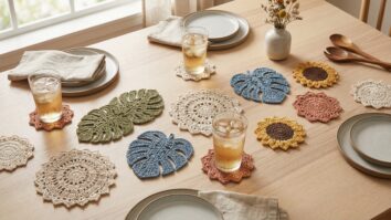 Mesa elegante com porta-copos de crochê em formatos mandala, folhas e flores sob copos de vidro