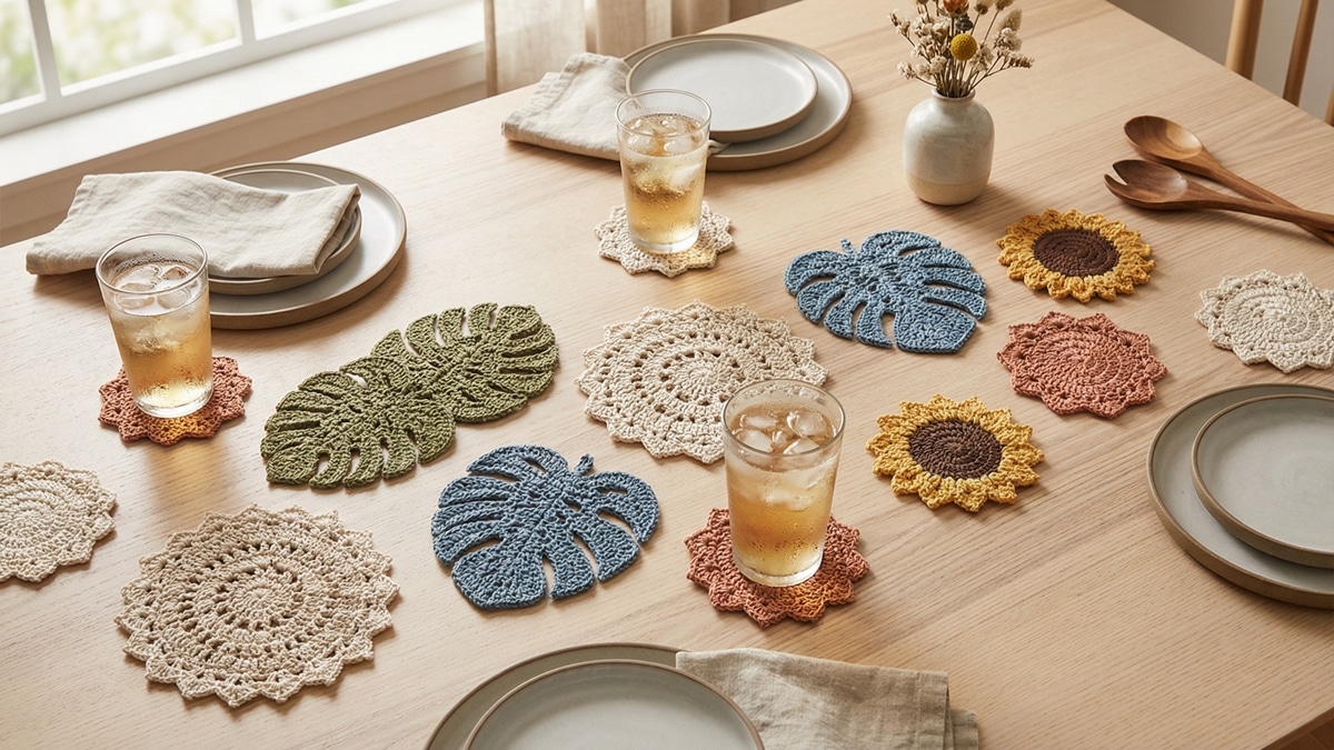 Mesa elegante com porta-copos de crochê em formatos mandala, folhas e flores sob copos de vidro