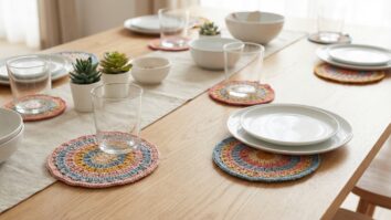 Mesa com porta copos de crochê em mini mandalas coloridas sobre madeira clara