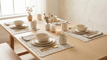 Mesa posta com jogos americanos retangulares de crochê branco e louça neutra