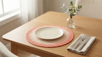 Mesa posta com sousplat de crochê degradê sob prato neutro e arranjo delicado