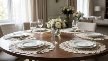 Mesa posta elegante com sousplat de crochê perolado sob pratos de porcelana e taças de cristal.