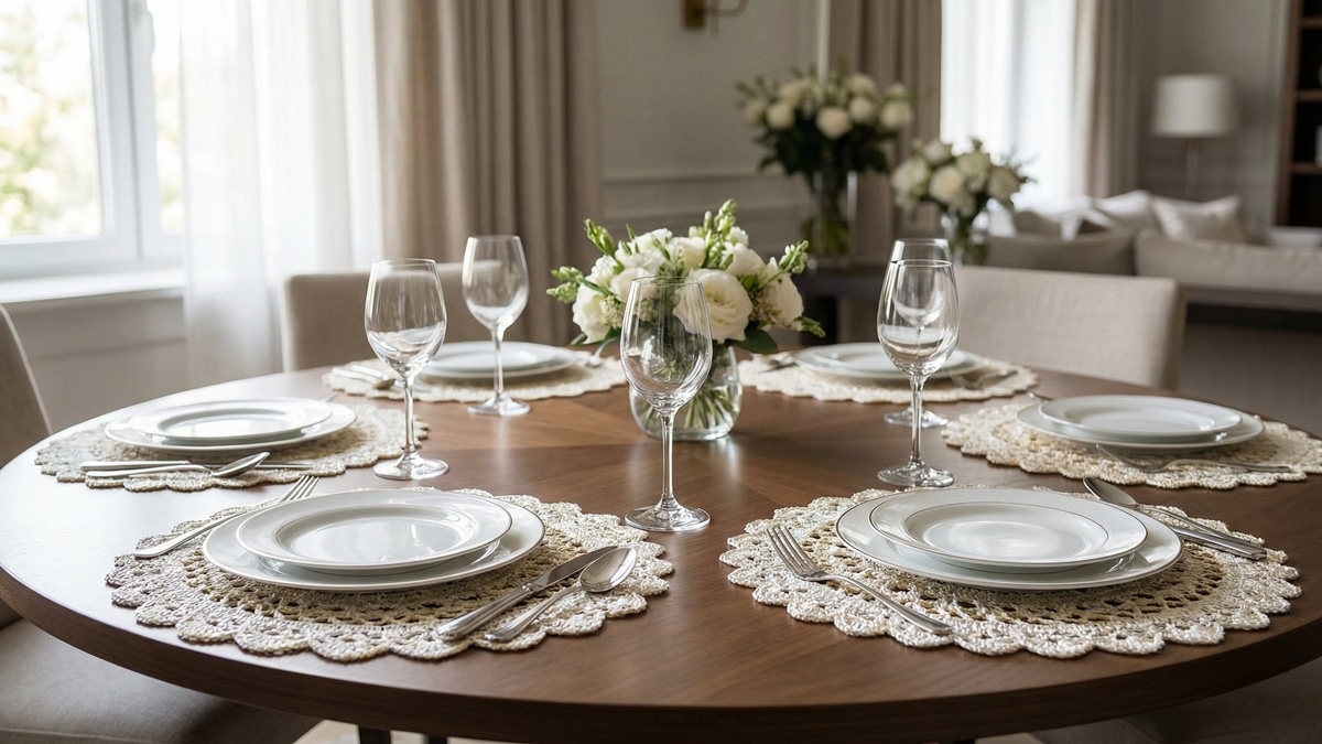 Mesa posta elegante com sousplat de crochê perolado sob pratos de porcelana e taças de cristal.