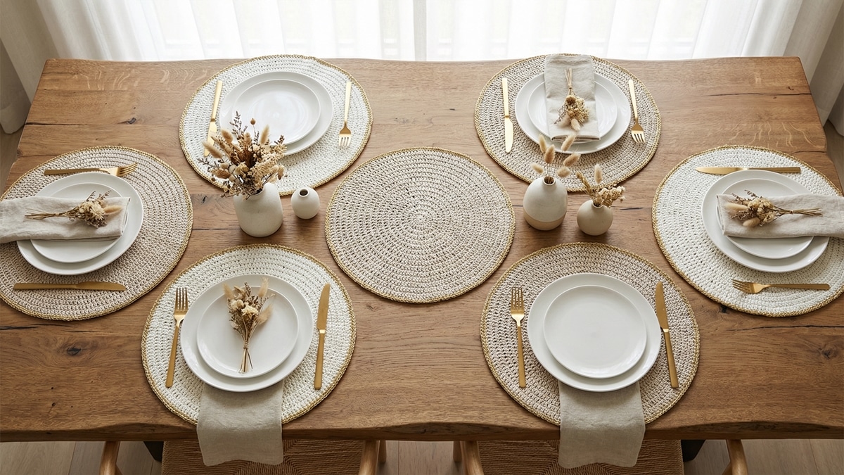 : Mesa posta elegante com sousplats de crochê em tons neutros e borda dourada emoldurando pratos brancos