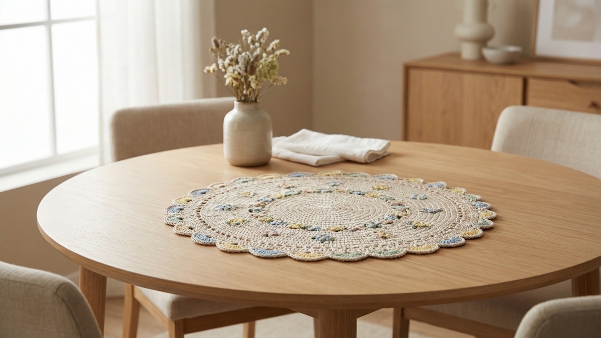 Sala de jantar com centro de mesa em crochê bege com detalhe colorido sobre mesa de madeira clara