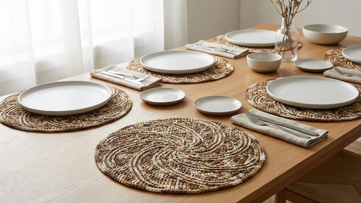 Mesa posta com sousplats de crochê em tons marrom, branco e dourado