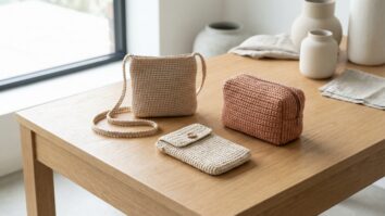 Mini bags de crochê em tons neutros dispostas sobre mesa de madeira claraochê mesa madeira clara