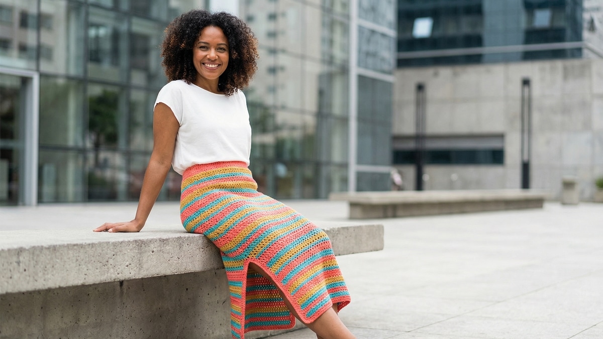 Modelo feminina sorrindo usando saia de crochê com fenda em ambiente urbano brasileiro