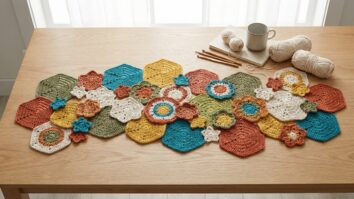 Motivos de crochê em formas geométricas variadas em tons neutros sobre mesa de madeira clara