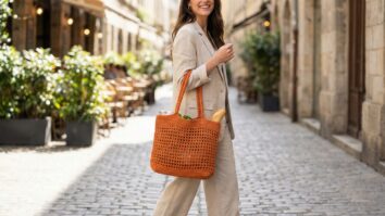 Mulher sorrindo em ambiente urbano casual usando bolsa de crochê laranja estilo ecobag com textura rústica e alças longas.