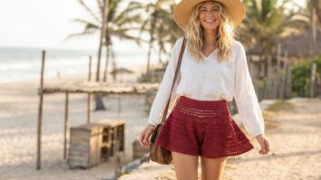 Mulher única sorrindo em cenário de verão usando shorts de crochê vermelho estilo evasê, sem figuras ao fundo.