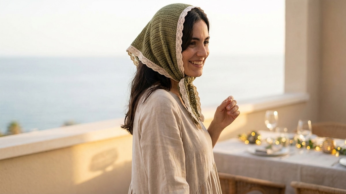 Modelo feminina sorrindo usando bandana de crochê verde com barrado rendado em varanda com o mar