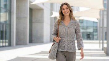 Mulher sorrindo com blusa e bolsa de crochê cinza em ambiente urbano de verão