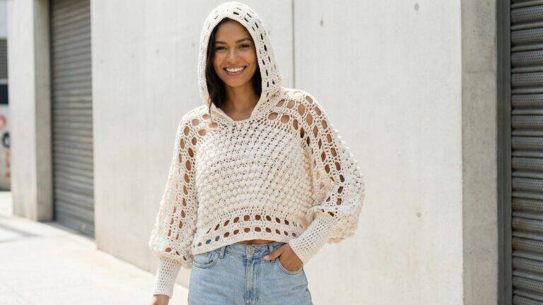 Mulher usando blusa cropped de crochê com capuz em tom off-white com texturas contrastantes