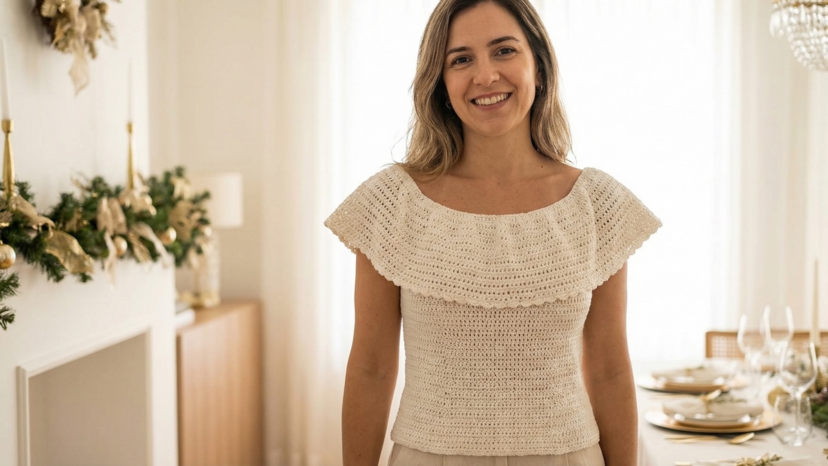 Mulher sorrindo usando blusa ciganinha de crochê com babados em ambiente elegante