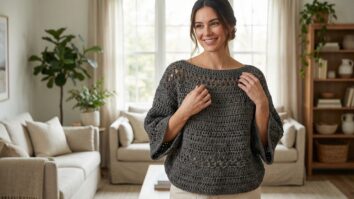 Mulher sorrindo usando blusa de crochê cinza elegante em ambiente bem decorado