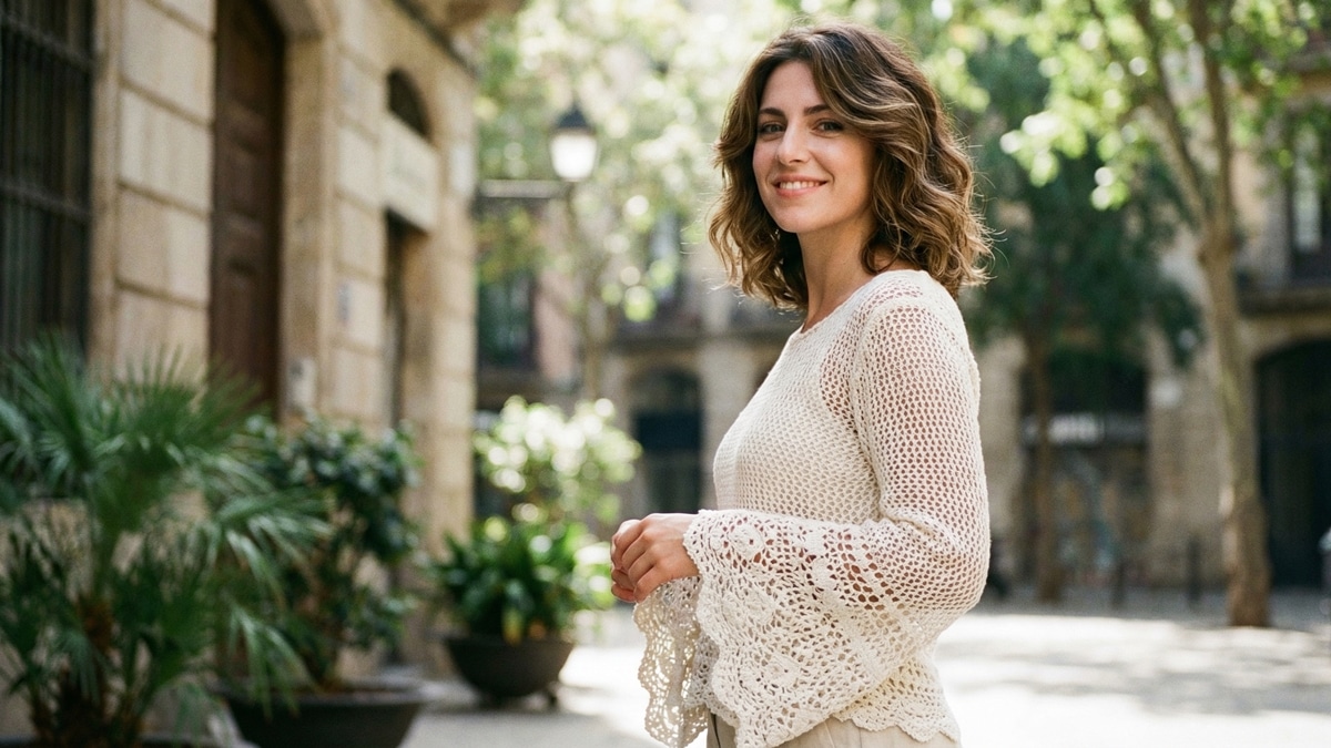 Mulher sorrindo usando blusa de crochê off-white com mangas sino e textura rendada