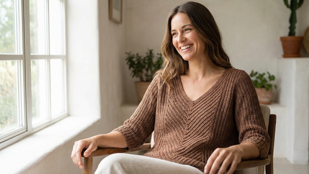 Mulher sorrindo usando blusa de crochê marrom em ponto V em ambiente de verão