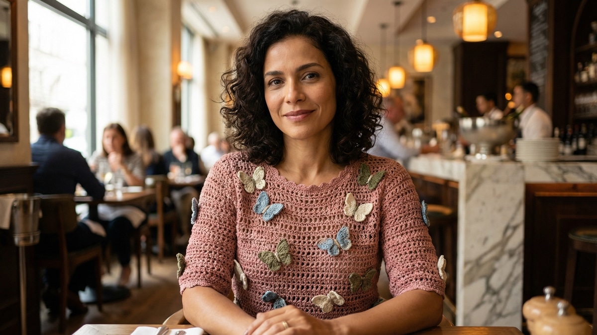 Mulher elegante em restaurante usando blusa de crochê rosa com borboletas