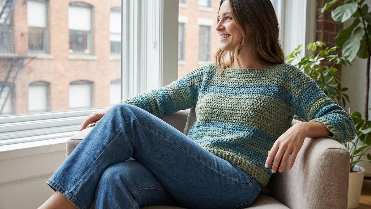 Modelo feminina sorridente usando blusa de crochê verde e azul com jeans em ambiente urbano casual-chique