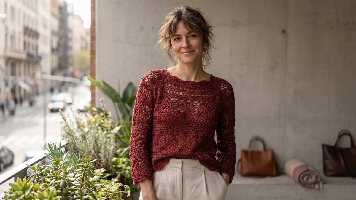 Mulher sorrindo usando blusa de crochê vermelha artesanal com calça clara em ambiente urbano elegante