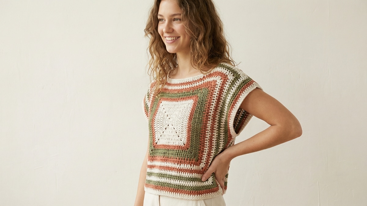 Mulher sorrindo usando blusinha de crochê com design geométrico em tons terracota e neutros modernos