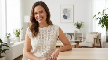 Mulher sorrindo com blusinha de crochê em tom neutro em ambiente interno elegante