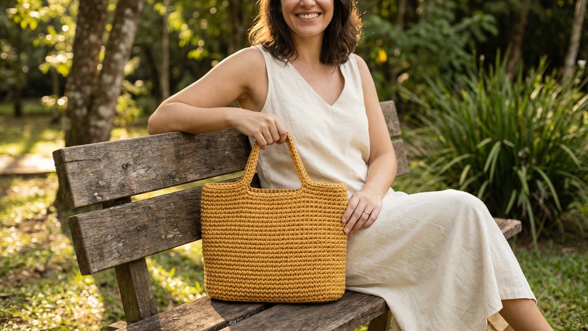 Mulher sorrindo com bolsa de crochê em barbante amarelo forte estilo natural