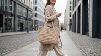 Mulher sorrindo usando bolsa de crochê bege, design funcional e estruturado para uso diário urbano