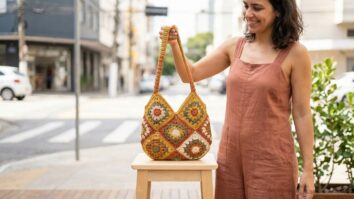 Mulher sorrindo com bolsa de crochê granny square em tons terrosos estilo retrô