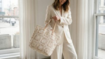 Mulher sorrindo com bolsa de crochê granny squares em tons cru e bege claro