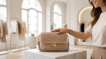 Mulher sorrindo com bolsa de crochê bege estruturada com corrente dourada sobre mármore