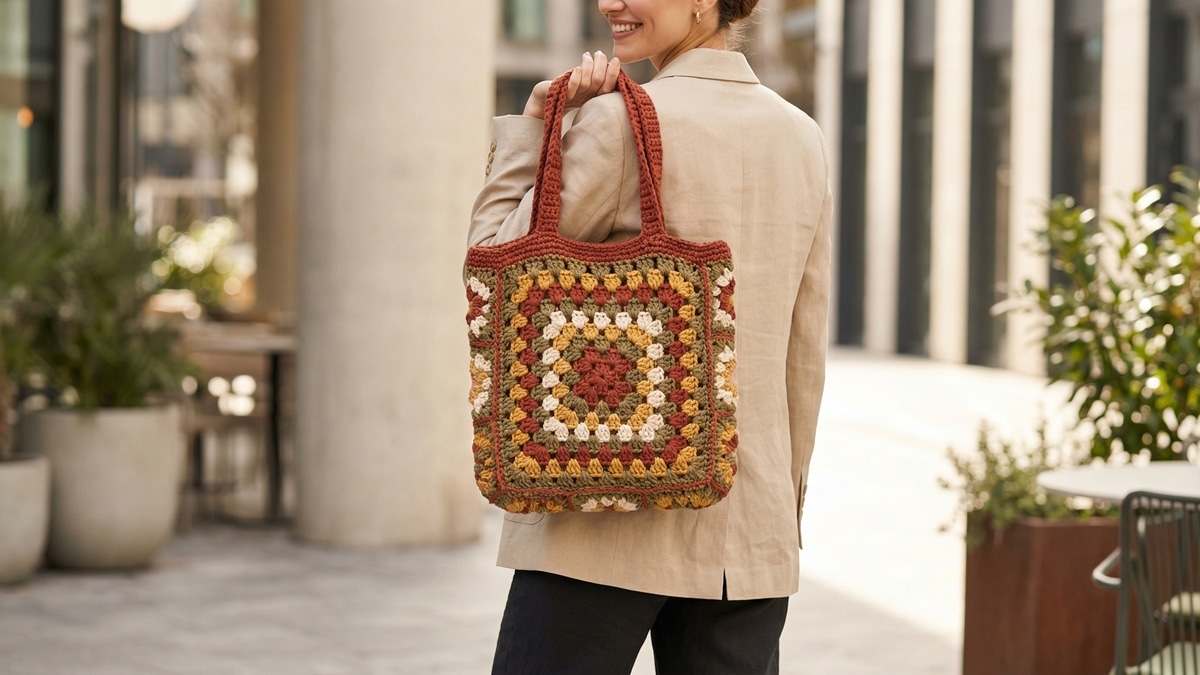 Mulher sorrindo comurada de crochê em squares com tons retrô quentes