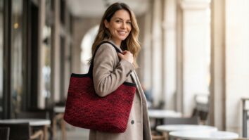 Mulher sorrindo em ambiente urbano usando bolsa tote bag de crochê artesanal em vermelho e preto, estilo minimalista e contemporâneo