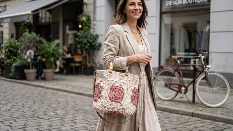 Mulher sorrindo com bolsa de crochê em ambiente urbano sofisticado